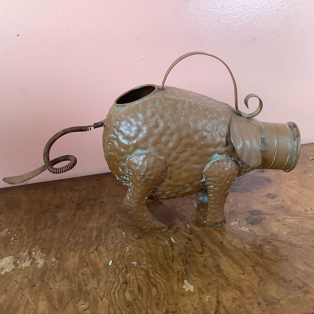 Brown Metal Pig Sculpture Watering Can - Decorative Home Art - Picture 2 of 13
